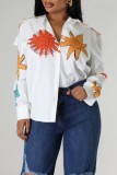 White Casual Print Basic Shirt Collar Tops
