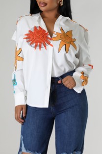 White Casual Print Basic Shirt Collar Tops