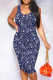 Deep Blue Street Print Patchwork U Neck Wrapped Skirt Dresses