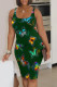 Army Green Casual Print Patchwork Backless Square Collar Wrapped Skirt Dresses