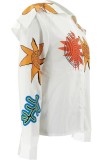 White Casual Print Basic Shirt Collar Tops
