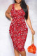 Red Street Print Patchwork U Neck Wrapped Skirt Dresses