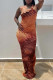 Brown Street Print Patchwork Fold Oblique Collar Long Dresses