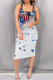 White Casual Print Patchwork Square Collar Wrapped Skirt Dresses