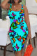 Fluorescent Blue Casual Print Patchwork Backless Square Collar Wrapped Skirt Dresses