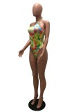 Blue Sexy Print Bandage Backless Swimwears