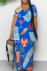 Dark Blue Casual Print Patchwork Pocket V Neck Long Dresses