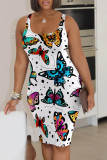 Black Casual Print Patchwork Backless Square Collar Wrapped Skirt Dresses