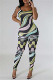 Black Green Sexy Casual Print Backless Spaghetti Strap Skinny Jumpsuits