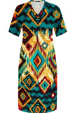 Yellow Casual Print Patchwork Pocket V Neck Straight Plus Size Dresses