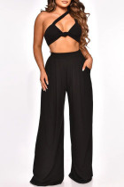Black Sexy Casual Solid Backless Oblique Collar Sleeveless Two Pieces