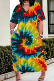 Rose Red Casual Tie Dye Patchwork Pocket V Neck Straight Plus Size Dresses