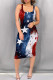 Blue White Casual Print Patchwork Square Collar Wrapped Skirt Dresses