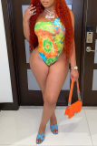 Blue Sexy Print Bandage Backless Swimwears