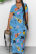 Baby Blue Casual Print Patchwork Pocket V Neck Long Dresses