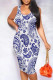 White Street Print Patchwork U Neck Wrapped Skirt Dresses