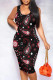 Black Street Print Patchwork U Neck Wrapped Skirt Dresses