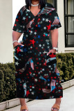 White Blue Red Casual Print Patchwork Pocket V Neck Straight Plus Size Dresses