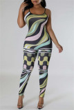 Black Green Sexy Casual Print Backless Spaghetti Strap Skinny Jumpsuits