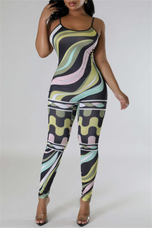 Black Green Sexy Casual Print Backless Spaghetti Strap Skinny Jumpsuits