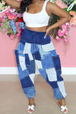 Blue Street Print Patchwork Draw String Pocket Loose High Waist Wide Leg Full Print Bottoms