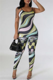 Black Green Sexy Casual Print Backless Spaghetti Strap Skinny Jumpsuits