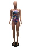 Blue Sexy Print Bandage Backless Swimwears