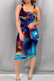 Red Blue Casual Print Patchwork Square Collar Wrapped Skirt Dresses