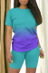 Blue Purple Casual Gradient Patchwork O Neck Short Sleeve Two Pieces