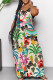 Apricot Casual Print Patchwork Pocket V Neck Long Dresses