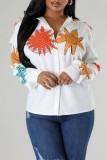 White Casual Print Basic Shirt Collar Tops