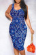 Dark Blue Street Print Patchwork U Neck Wrapped Skirt Dresses