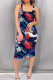 Red Blue Casual Print Patchwork Square Collar Wrapped Skirt Dresses