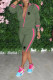 Green Casual Striped Print Patchwork Pocket Mandarin Collar Long Sleeve Two Pieces