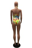 Blue Sexy Print Bandage Backless Swimwears