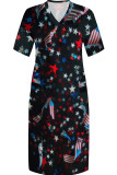 White Blue Red Casual Print Patchwork Pocket V Neck Straight Plus Size Dresses