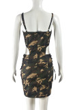 Camouflage Sexy Camouflage Print Hollowed Out Frenulum Backless Spaghetti Strap Wrapped Skirt Dresses