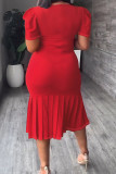 Red Sexy Casual Elegant Solid Patchwork Fold O Neck Wrapped Skirt Plus Size Dresses
