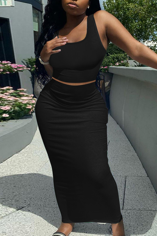 Black Casual Solid Patchwork U Neck Sleeveless Two Pieces