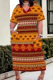 Yellow Casual Print Patchwork Pocket V Neck Straight Plus Size Dresses