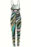 Black Green Sexy Casual Print Backless Spaghetti Strap Skinny Jumpsuits