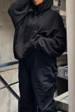 Black Casual Solid Patchwork Draw String Pocket Hooded Collar Tops