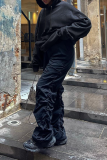 Black Casual Solid Patchwork Draw String Pocket Hooded Collar Tops