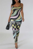 Black Green Sexy Casual Print Backless Spaghetti Strap Skinny Jumpsuits