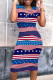 Blue Red Casual Print Patchwork O Neck Wrapped Skirt Dresses