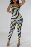 Black Green Sexy Casual Print Backless Spaghetti Strap Skinny Jumpsuits