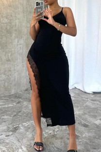 Black Sexy Solid Lace Patchwork Backless Slit V Neck Sling Dresses