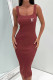 Red-brown Sexy Simplicity Letter Print Backless Square Collar Wrapped Skirt Dresses