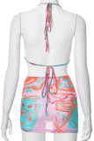 Pink Street Print Patchwork See-through Fold O Neck Sleeveless Three Pieces