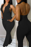 Black Sexy Casual Solid Backless Halter Skinny Jumpsuits